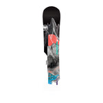 Never Summer Women's Proto Synthesis 2025 - A black snowboard with a white mountain graphic and a circular logo featuring a stylized bird in flight.