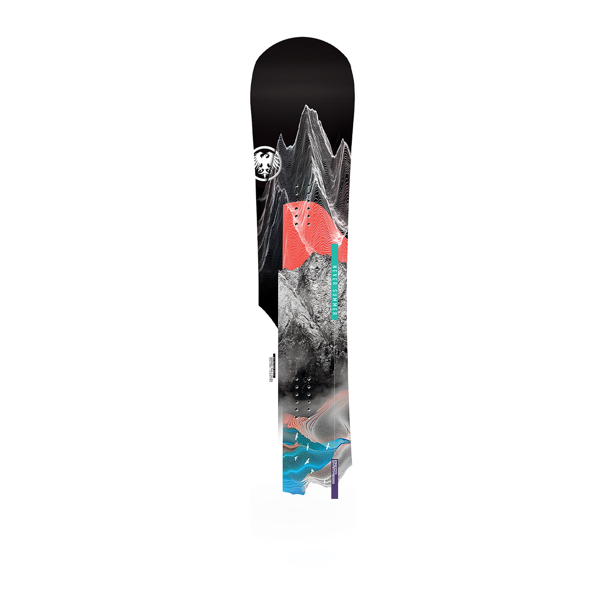 Never Summer Women's Proto Synthesis 2025 - A black snowboard with a white mountain graphic and a circular logo featuring a stylized bird in flight.