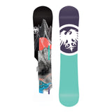 Never Summer Women's Proto Synthesis 2025 - A black snowboard with a white mountain graphic and red accents on the top sheet, featuring a bird logo in the center of the tail.