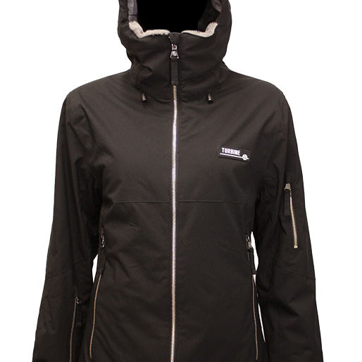 Turbine Women's Wander Insulated Jacket 2025 - A black jacket with a white logo on the left chest and a zipper down the front.