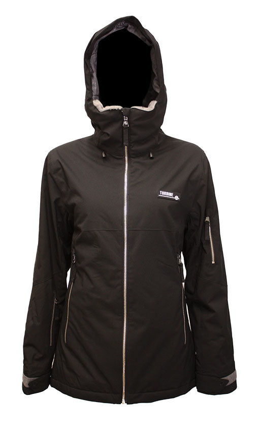 Turbine Women's Wander Insulated Jacket 2025 - A black jacket with a white logo on the left chest and a zipper down the front.