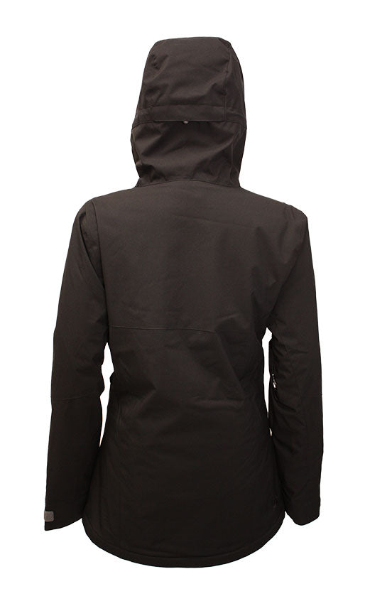 Turbine Women's Wander Insulated Jacket - A black insulated jacket with a hood, featuring a zippered front and two side pockets.