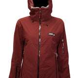 Turbine Women's Wander Insulated Jacket 2025 - A maroon jacket with a hood, featuring a white fur-lined interior around the hood and pockets.