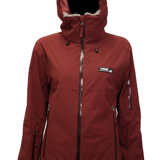 Turbine Women's Wander Insulated Jacket 2025 - A maroon jacket with a hood, featuring a white fur-lined interior around the hood and pockets.