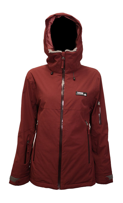 Turbine Women's Wander Insulated Jacket 2025 - A maroon jacket with a hood, featuring a white fur-lined interior around the hood and pockets.