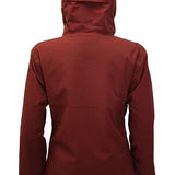 Turbine Women's Wander Insulated Jacket - A dark red jacket with a hood, featuring a zippered chest pocket and reflective trim on the sleeve cuffs.