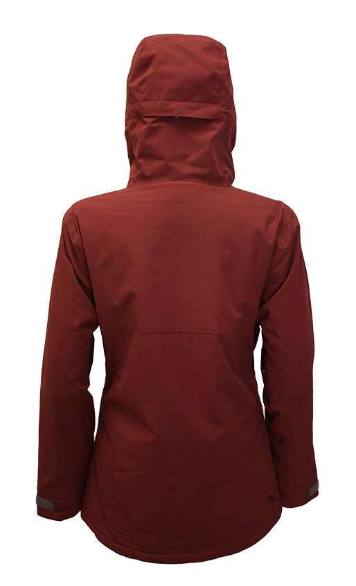 Turbine Women's Wander Insulated Jacket - A dark red jacket with a hood, featuring a zippered chest pocket and reflective trim on the sleeve cuffs.