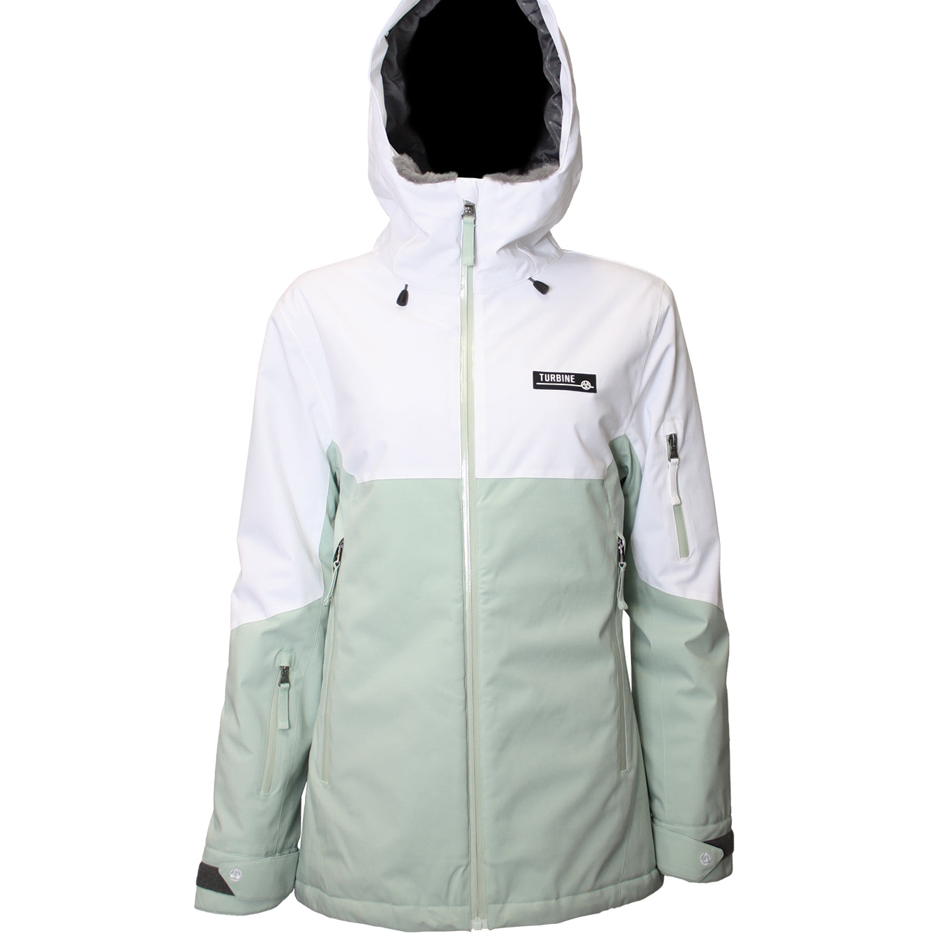 Turbine Women's Wander Insulated Jacket 2025 - A white and mint green insulated jacket with a hood, featuring a black logo on the chest.