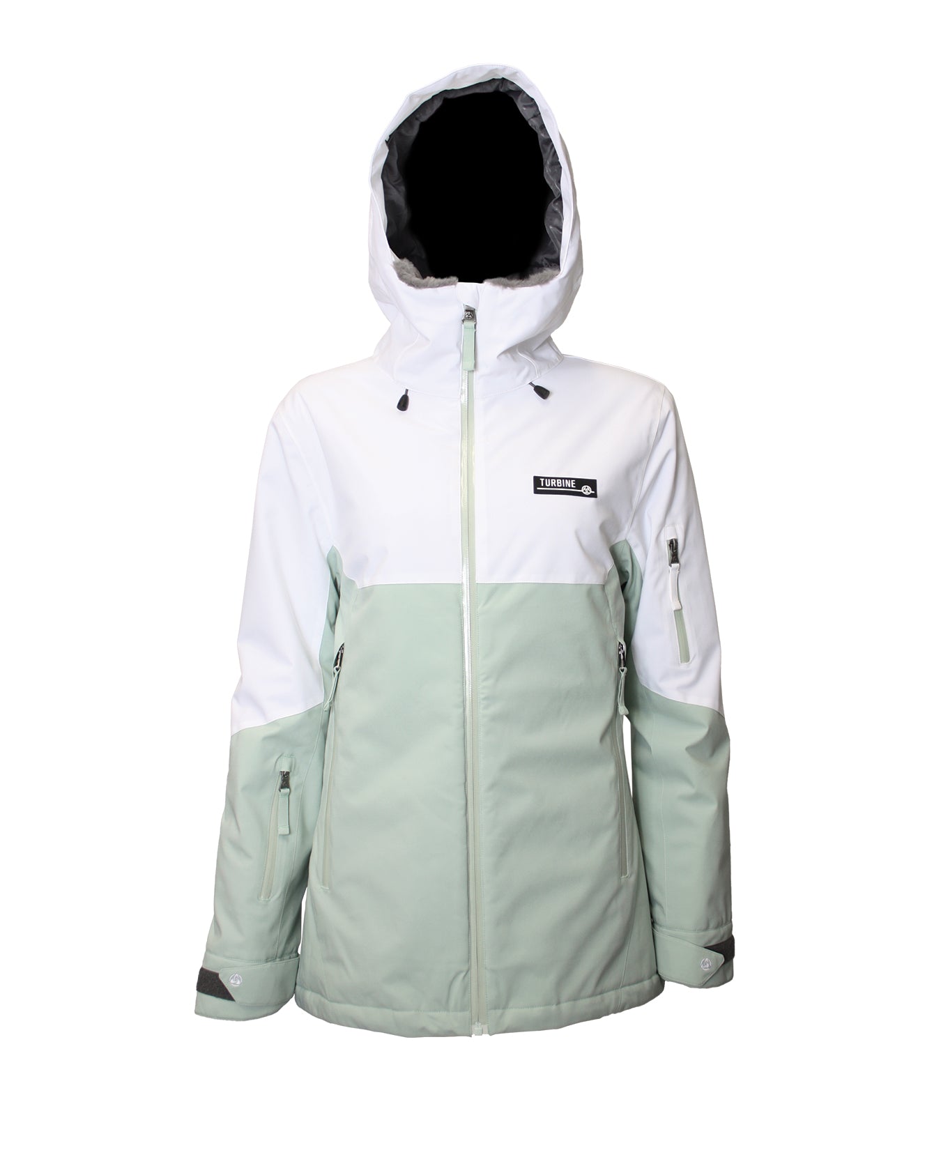 Turbine Women's Wander Insulated Jacket 2025 - A white and mint green insulated jacket with a hood, featuring a black logo on the chest.