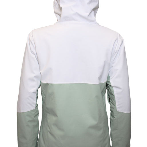 Turbine Women's Wander Insulated Jacket - A white jacket with a hood, featuring a light green stripe across the lower back and sleeves.