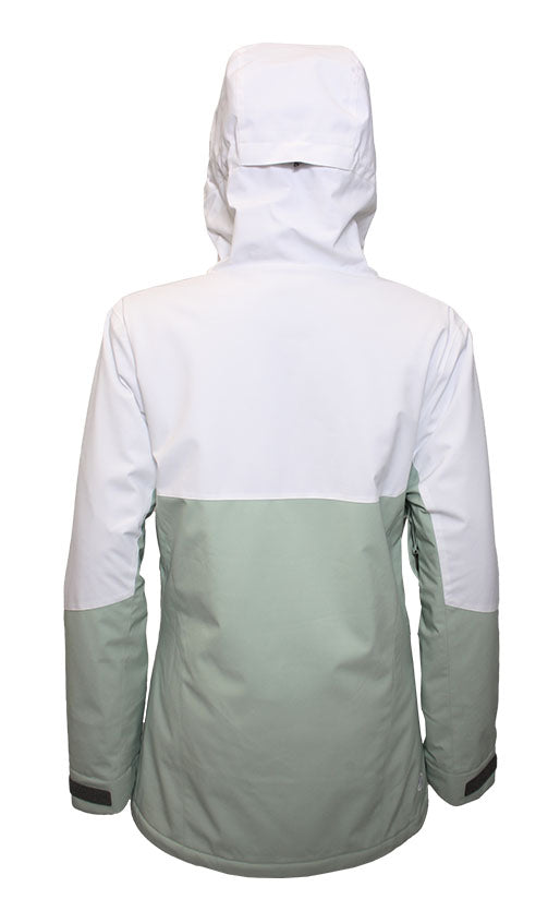Turbine Women's Wander Insulated Jacket - A white jacket with a hood, featuring a light green stripe across the lower back and sleeves.