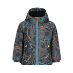 Obermeyer Junior's Ashor Insulated Jacket 2025 - A black insulated jacket with a subtle gray pattern and neon orange accents on the zipper, pockets, and trim.