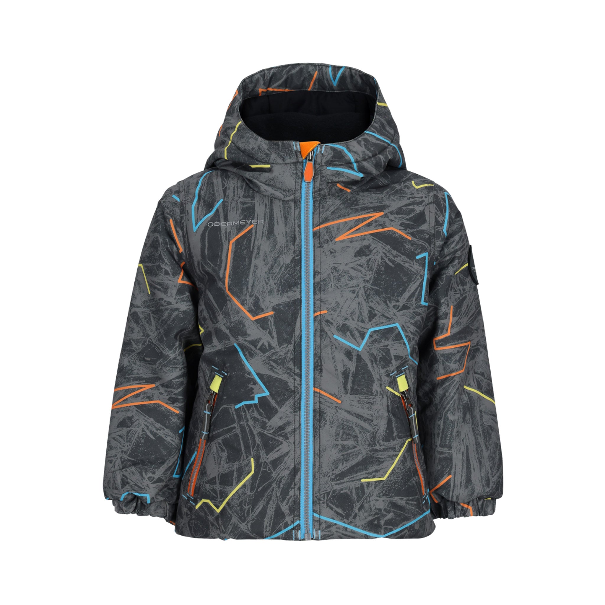 Obermeyer Junior's Ashor Insulated Jacket 2025 - A black insulated jacket with a subtle gray pattern and neon orange accents on the zipper, pockets, and trim.