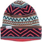 WESTON MID KNIT BEANIE 2024 - A navy blue beanie with a geometric pattern in coral and mint green stripes.