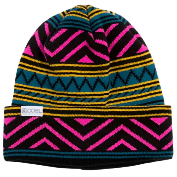 WESTON MID KNIT BEANIE 2024 - Knit beanie with a black base and pink, yellow, and teal stripes.