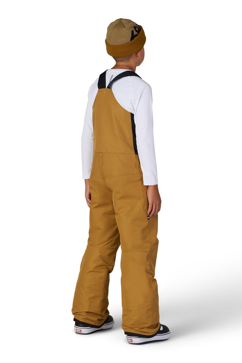 Boys' bronze insulated bib overalls with back straps, full-length view