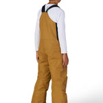 Boys' bronze insulated bib overalls with back straps, full-length view