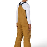 Boys' bronze insulated bib overalls with back straps, full-length view