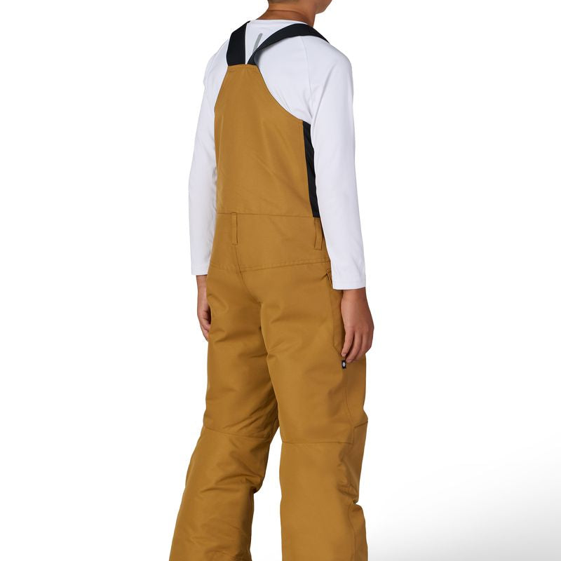 Boys' bronze insulated bib overalls with back straps, full-length view