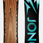 Jones Women's Flagship Snowboard 2024 - A brown snowboard with a black logo featuring three mountain peaks and a lightning bolt design on top.