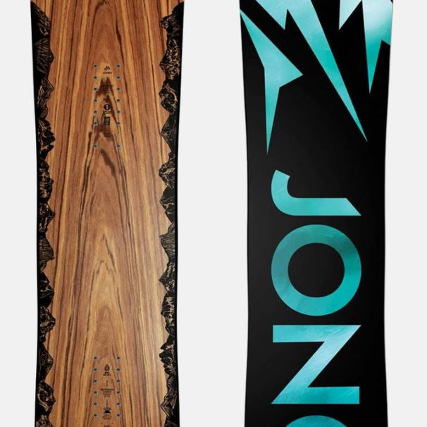 Jones Women's Flagship Snowboard 2024 - A brown snowboard with a black logo featuring three mountain peaks and a lightning bolt design on top.