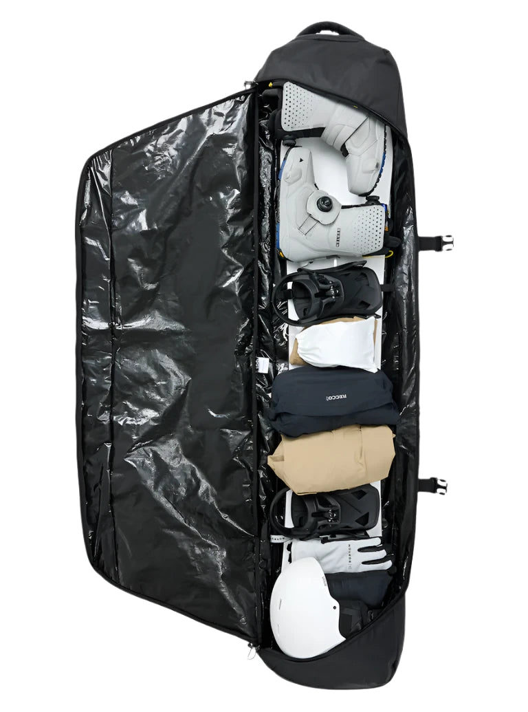 Burton Wheelie Gig Snowboard Bag - Large black bag with a retractable handle and wheels, featuring a zippered top opening and multiple pockets on the front.