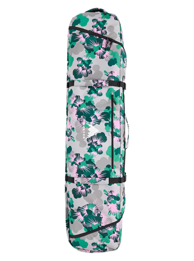 Burton Wheelie Gig Snowboard Bag - A large, rectangular snowboard bag with a gray base color and a pattern of green and pink flowers.