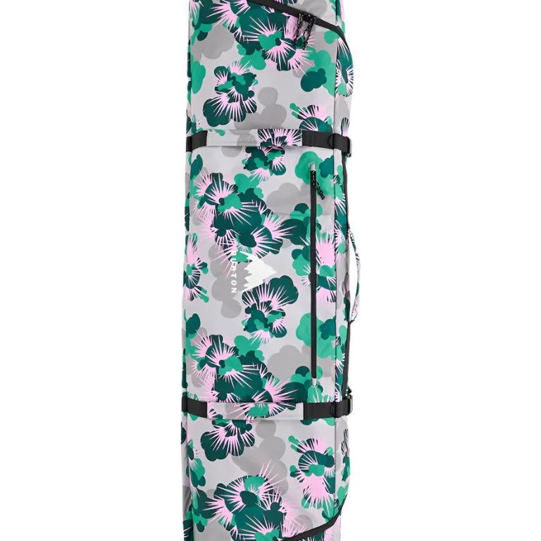 Burton Wheelie Gig Snowboard Bag - A large, rectangular snowboard bag with a gray base color and a pattern of green and pink flowers.