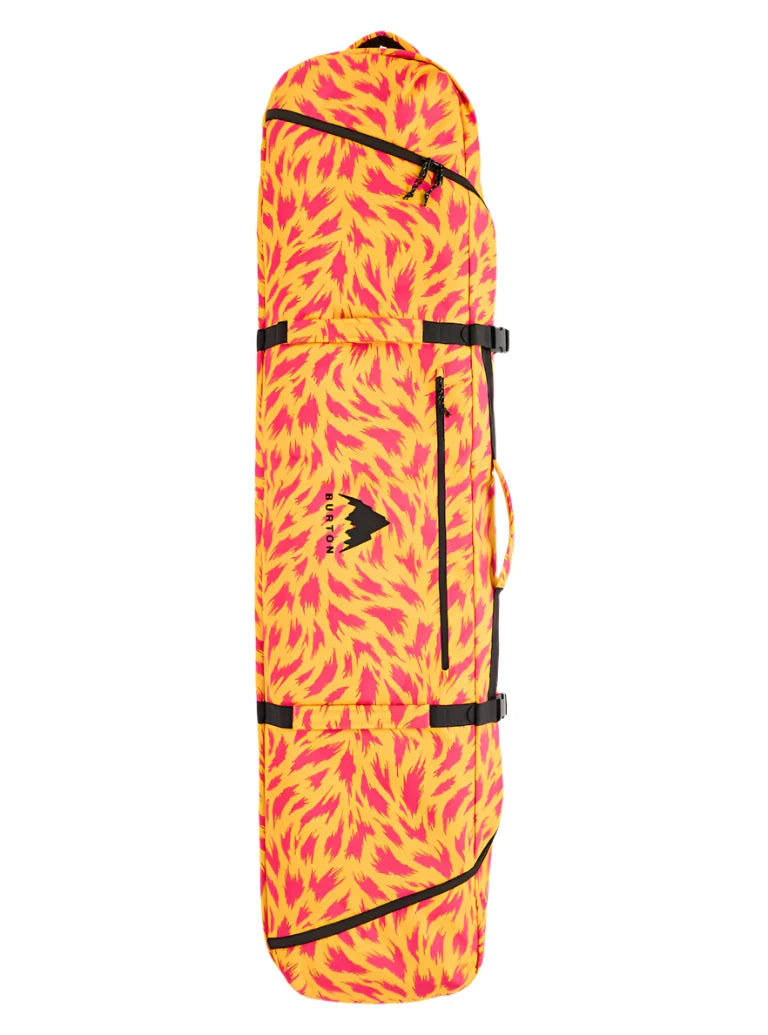 Burton Wheelie Gig Snowboard Bag - A large, yellow snowboard bag with a pink pattern and black straps.