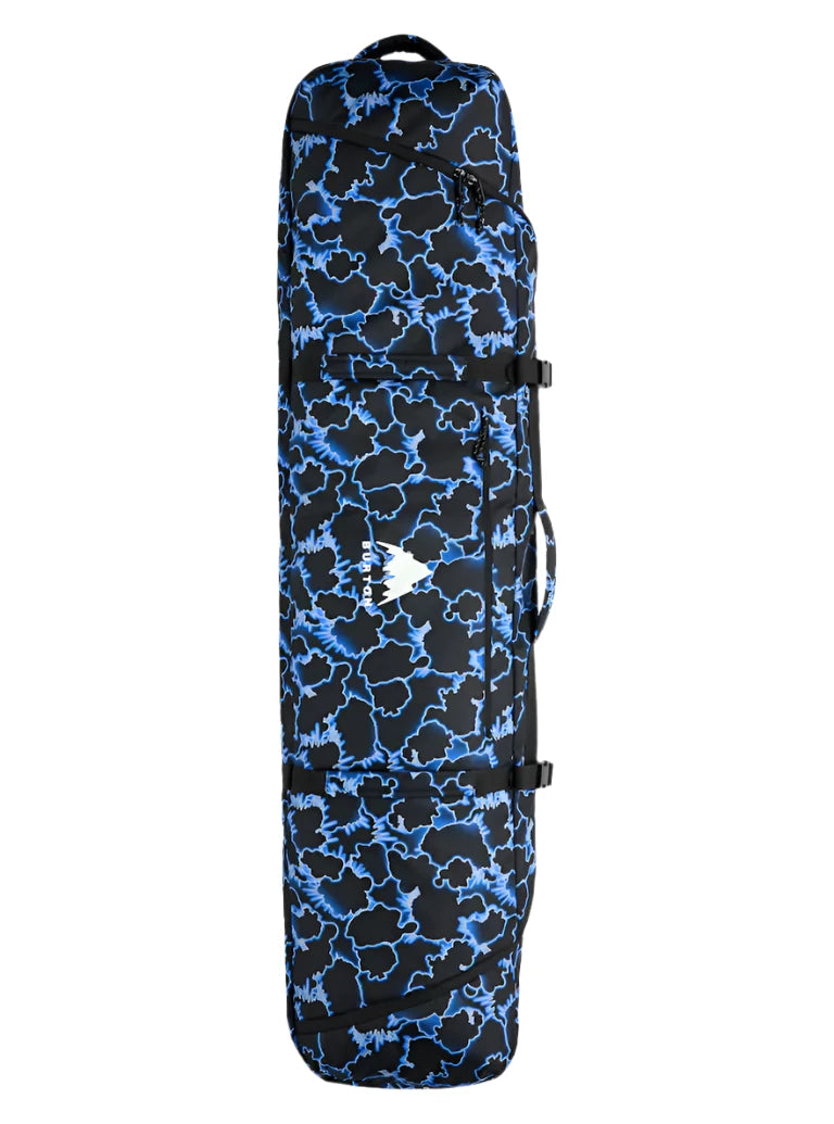Burton Wheelie Gig Snowboard Bag - A black snowboard bag with a blue and white abstract pattern, featuring a zippered top and two side pockets.