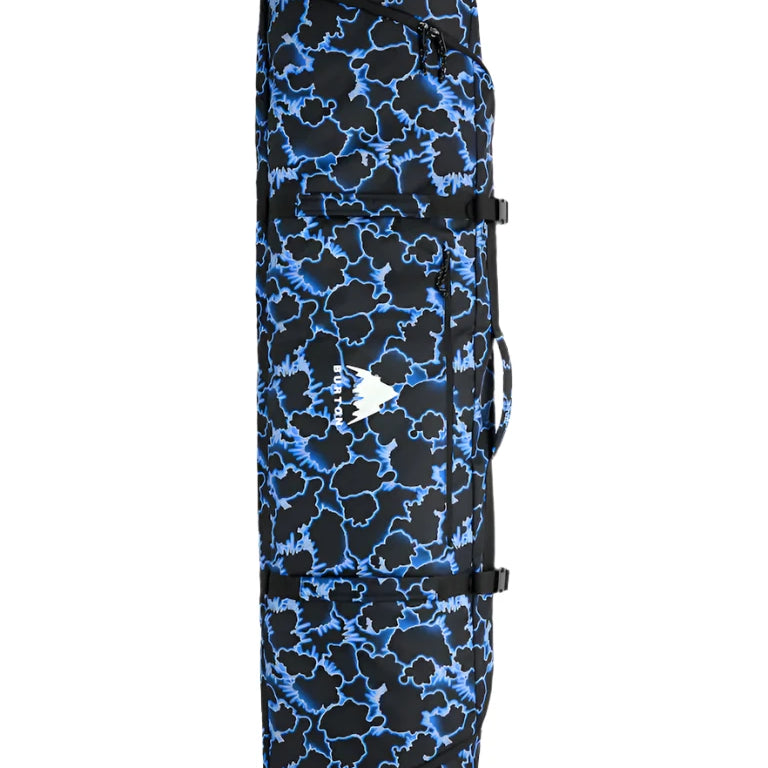 Burton Wheelie Gig Snowboard Bag - A black snowboard bag with a blue and white abstract pattern, featuring a zippered top and two side pockets.