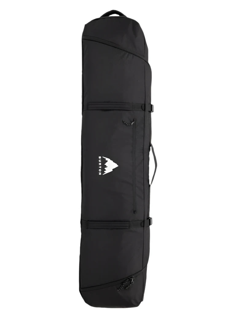 Burton Wheelie Gig Snowboard Bag - A black snowboard bag with a white logo featuring a mountain peak and the word "BURTON" in small letters, positioned on the front of the bag.