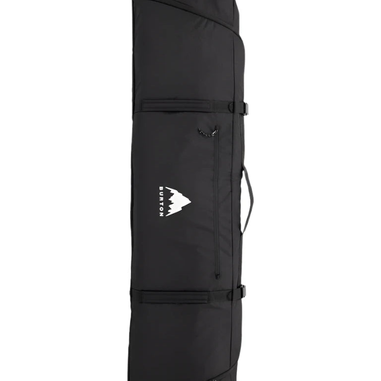 Burton Wheelie Gig Snowboard Bag - A black snowboard bag with a white logo featuring a mountain peak and the word "BURTON" in small letters, positioned on the front of the bag.