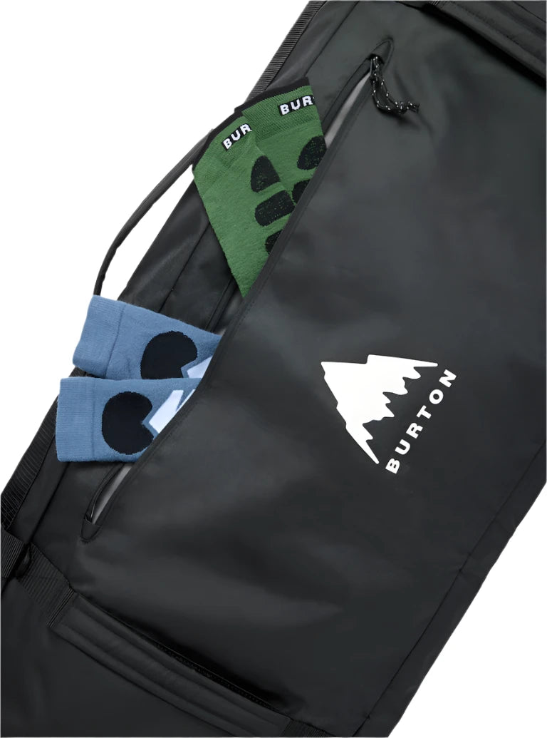 Burton Wheelie Gig Snowboard Bag - A large black snowboard bag with a white logo featuring a mountain peak and the word "BURTON" in bold letters, positioned on the front of the bag.