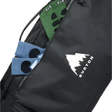 Burton Wheelie Gig Snowboard Bag - A large black snowboard bag with a white logo featuring a mountain peak and the word "BURTON" in bold letters, positioned on the front of the bag.