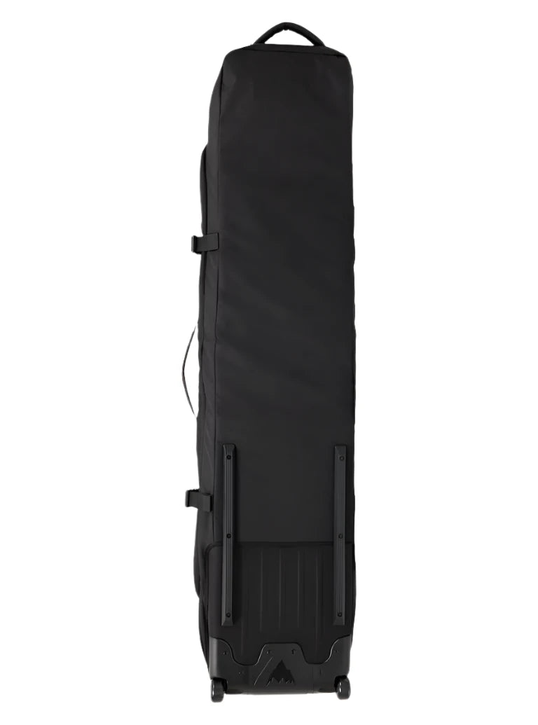 Burton Wheelie Gig Snowboard Bag - A black snowboard bag with a handle on top and wheels at the bottom, featuring a zippered opening.