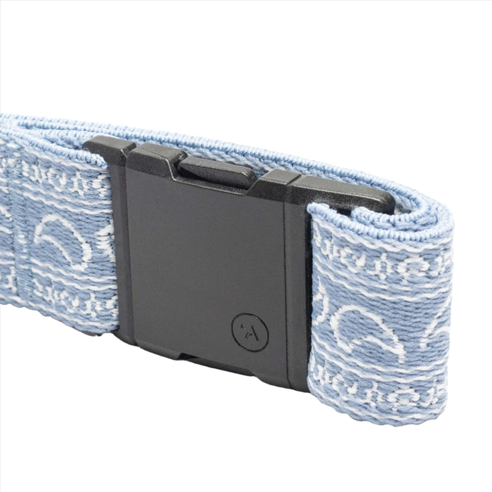 Light blue belt with a white floral and paisley pattern, secured with a black plastic buckle.