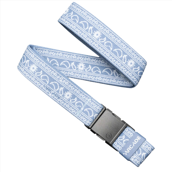 A light blue belt with a white floral and paisley pattern, featuring a black plastic buckle.