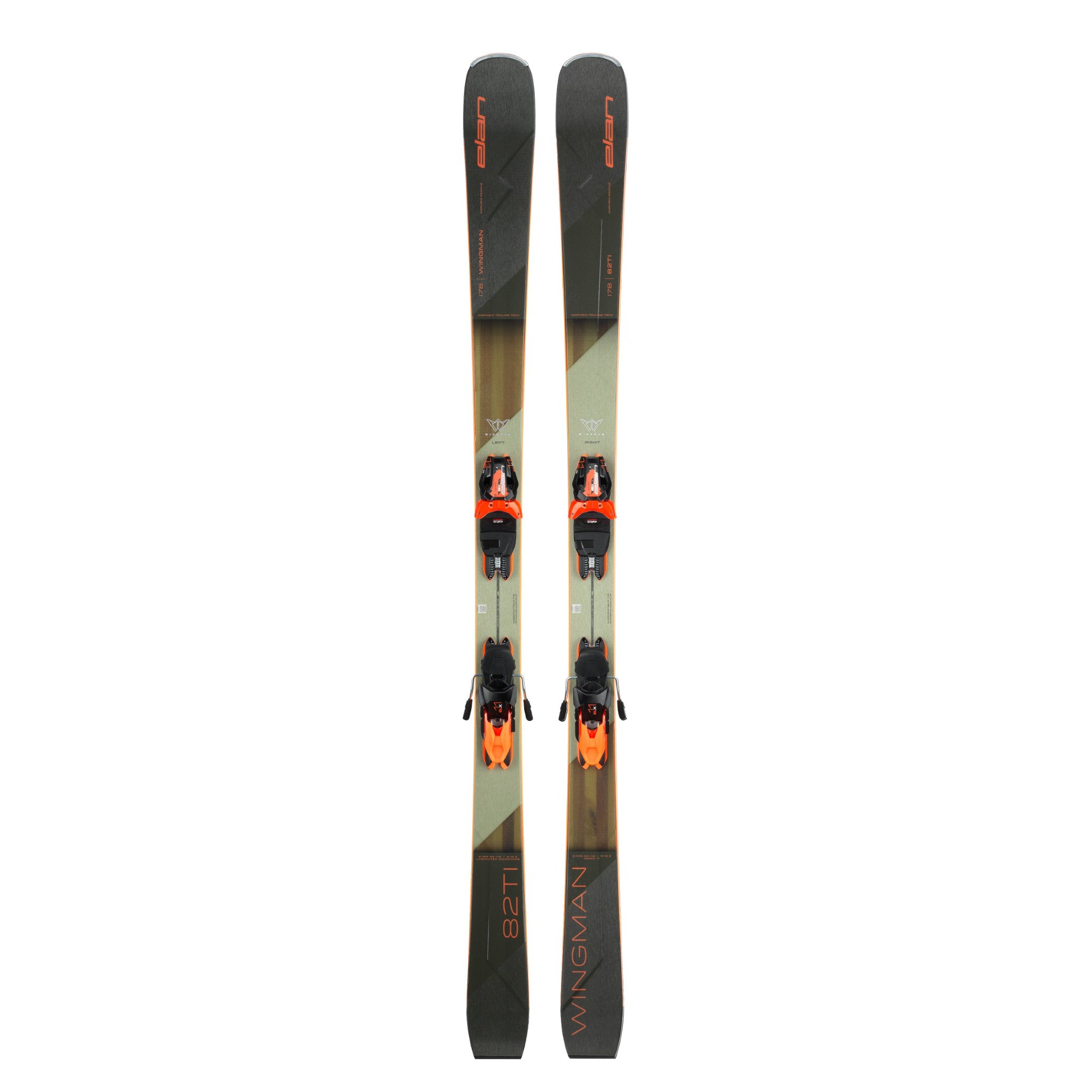 Elan Wingman 82 TI System Skis with ELX 11.0 Bindings - A pair of skis with a light green base and orange accents, featuring the brand name "Wingman" on the tip and tail.