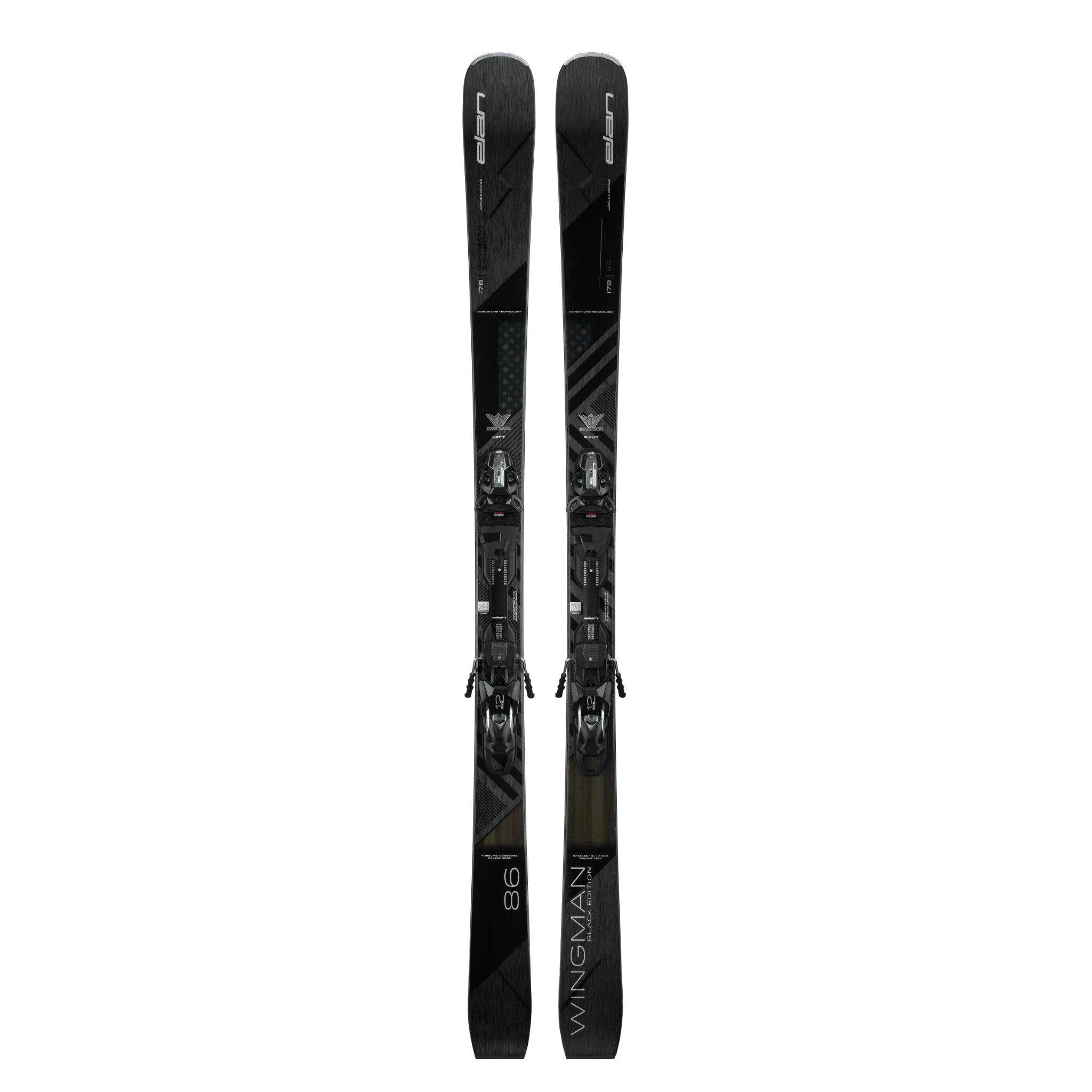 Elan Wingman 86 Black Edition System Skis with EMX 12 Bindings - A pair of black skis with a diagonal stripe pattern and silver hardware, featuring the brand name "Wingman" on the top.