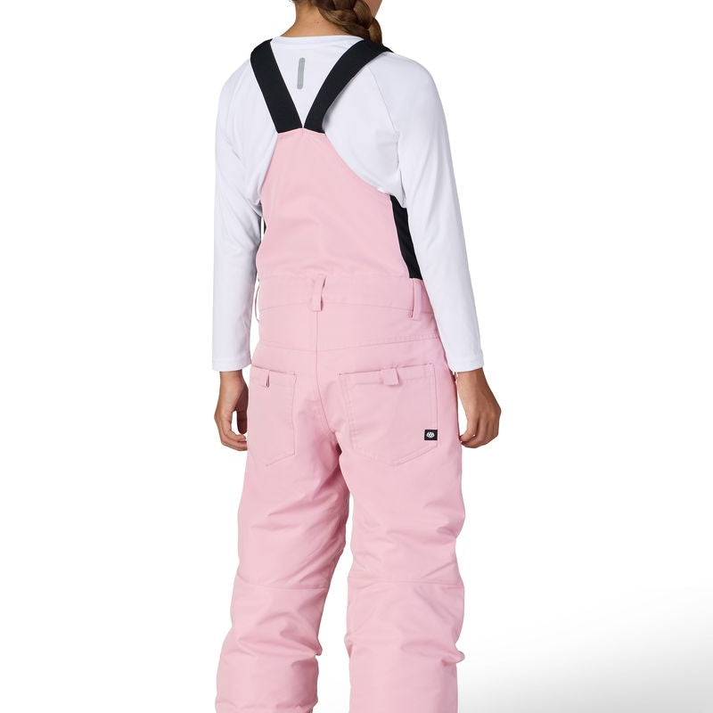 Girls’ insulated pink snow bib overalls, black back straps, full back view
