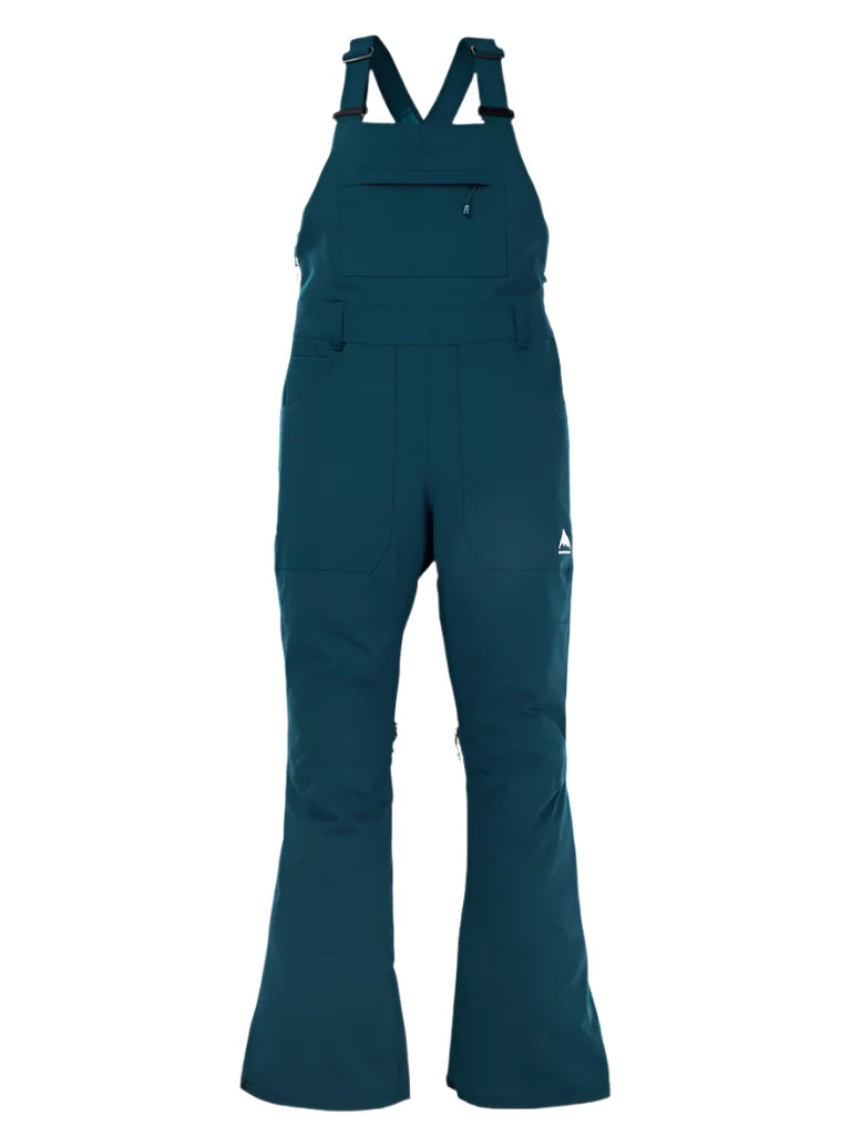 Burton Women's Avalon Stretch 2L Bib Pant 2025 - Dark-colored bib pants with a stretchy material and white logos on the left leg.