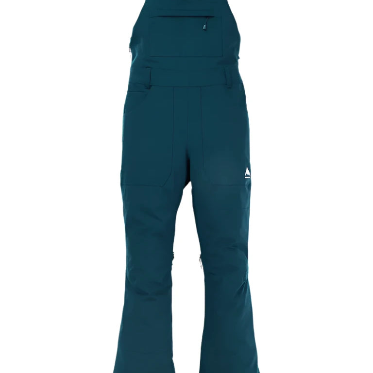 Burton Women's Avalon Stretch 2L Bib Pant 2025 - Dark-colored bib pants with a stretchy material and white logos on the left leg.