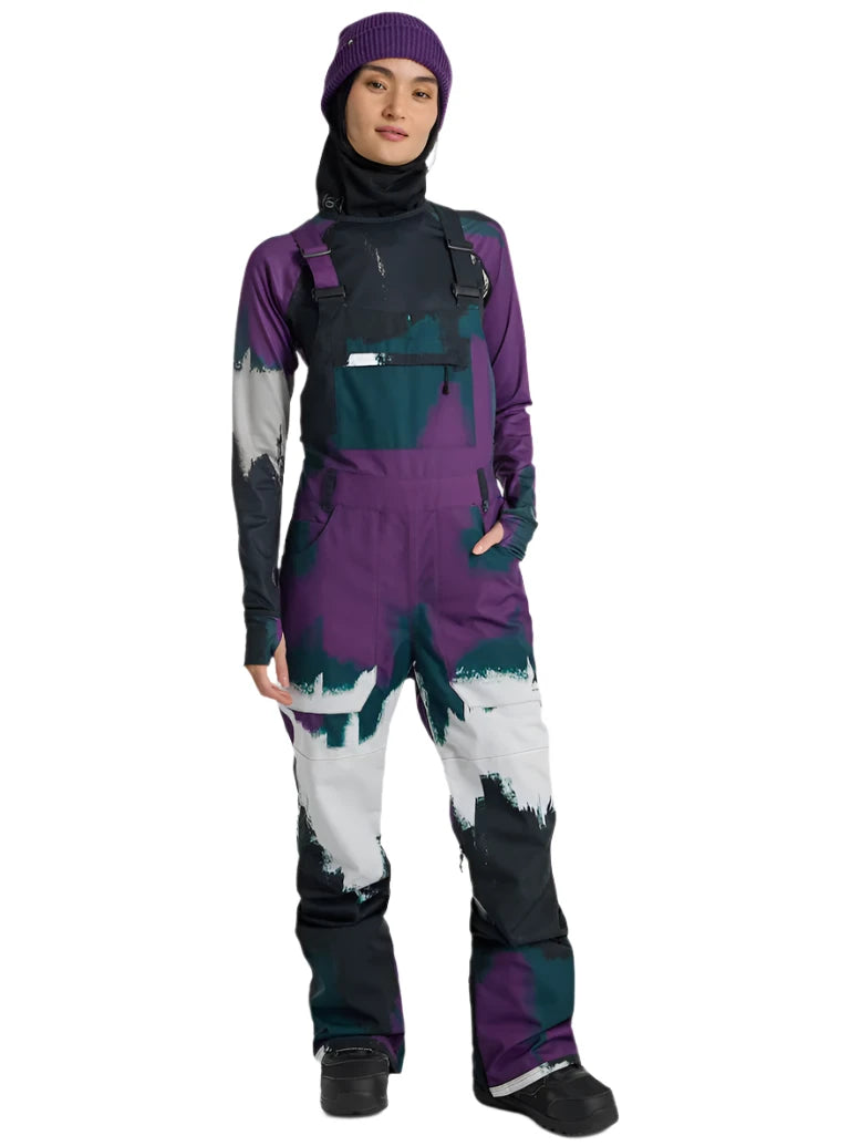 Burton Women's Avalon Stretch 2L Bib Pant 2025 - Black bib pant with white and purple accents, featuring a stretchy material and adjustable straps.