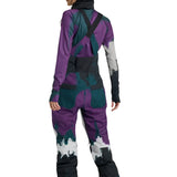 Burton Women's Avalon Stretch 2L Bib Pant 2025 - A purple and black bib pant with a pattern of abstract shapes, featuring adjustable straps on the shoulders.