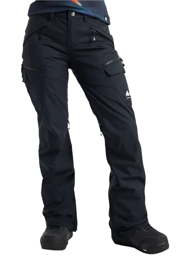 Burton Women's Gloria 2L Stretch Pants (Short) - Black pants with a slight sheen, featuring zippered pockets and a stretchy material.