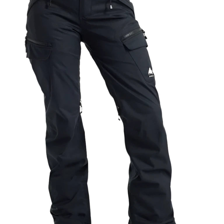 Burton Women's Gloria 2L Stretch Pants (Short) - Black pants with a slight sheen, featuring zippered pockets and a stretchy material.