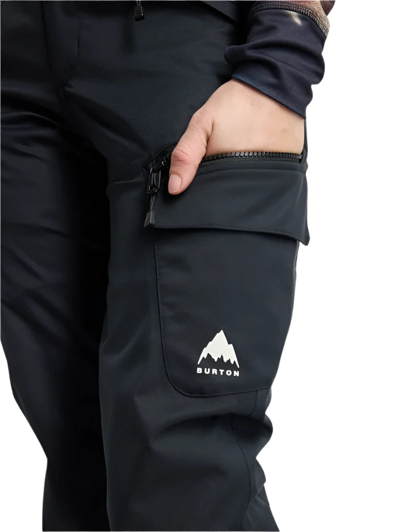 Burton Women's Gloria 2L Stretch Pants (Short) - Black pants with a white logo on the left leg featuring a mountain design and the word "BURTON" in small letters below it.