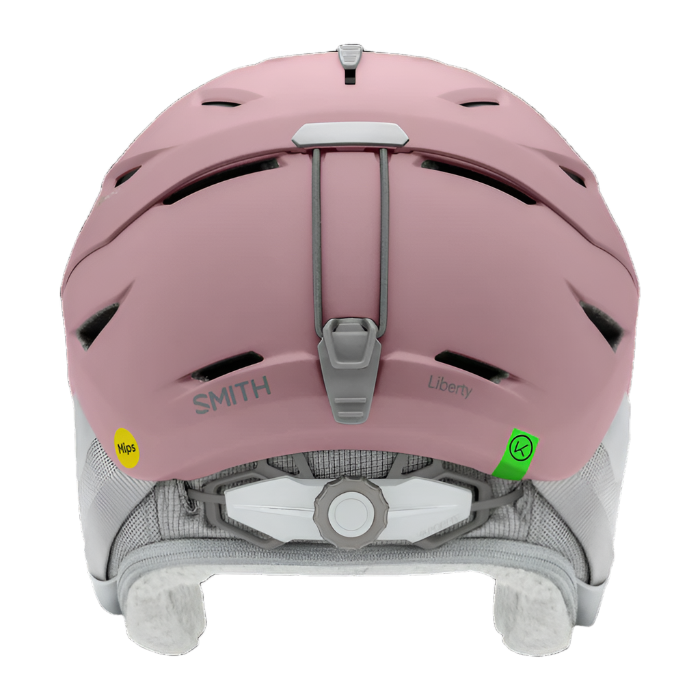 Smith Women's Liberty MIPS Helmet 2023 - A pink helmet with a white logo on the front and ventilation holes along the top.