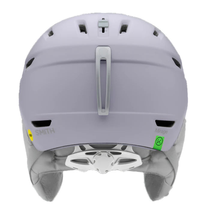 Smith Women's Mirage MIPS Helmet 2025 - A white helmet with a black visor and MIPS technology, featuring ventilation holes on top and side vents.
